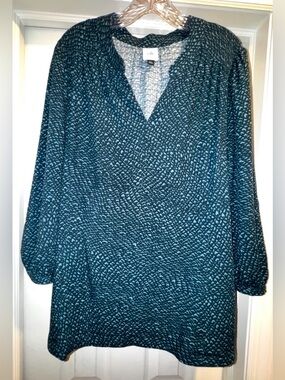 CABI Whimsey Tunic style 5025 Teal Print EUC (Worn 1X) Has Pockets size XL